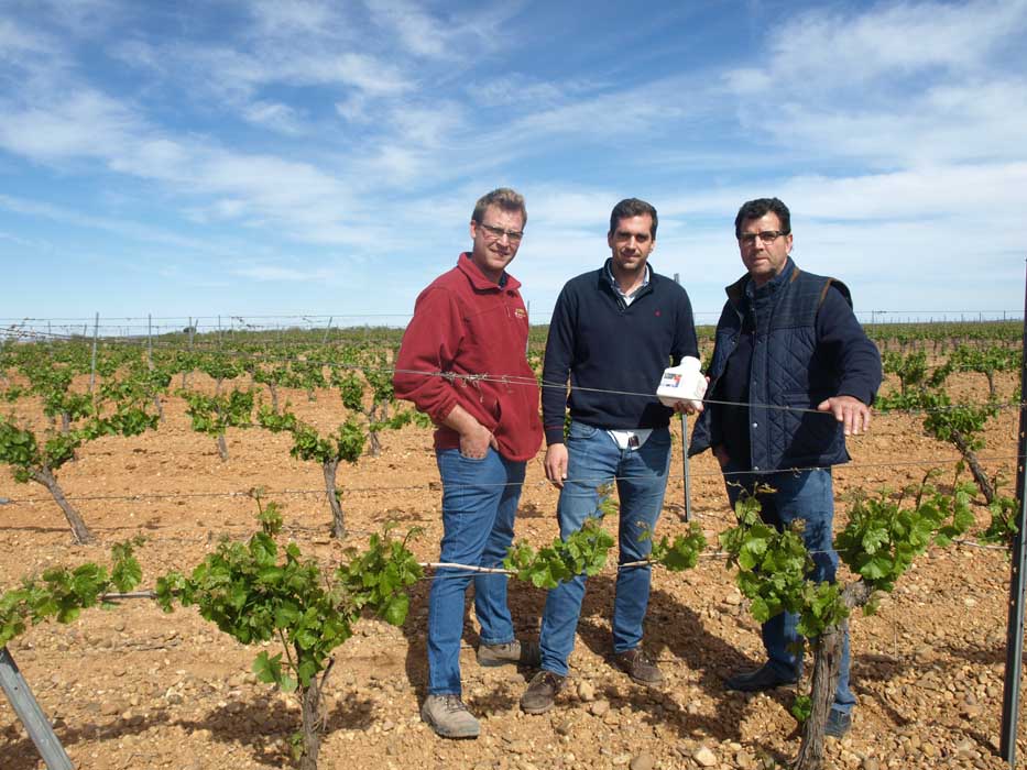 Gonzalo Pérez de Medinagro con Alberto y Vicente Sanz, con alguno de los vinos de esta bodega ubicada en Valdestillas.